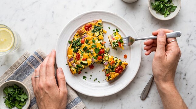 Person eating a slice of vegetable frittata with a fork on a white marble table top