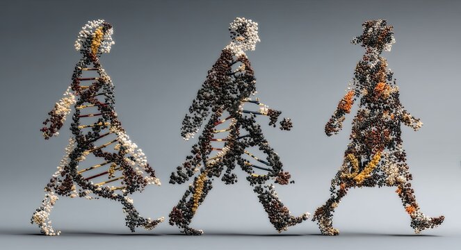 Three stylized figures, walking, composed of DNA strands