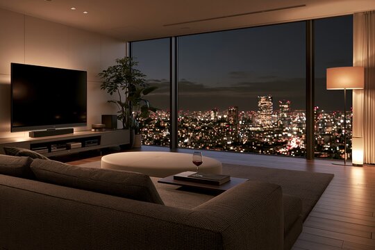 夜景を望む都会のリビングルームで過ごす贅沢な時間