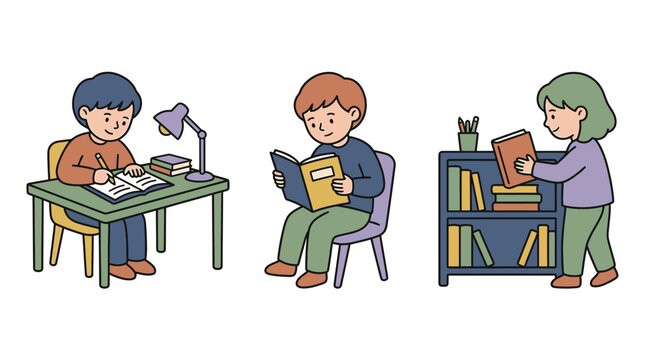 Vector illustration of children studying reading books and organizing a bookshelf in school