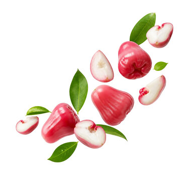 Fresh rose apples floating in a clean artistic arrangement, whole fruits and delicate slices creating a dynamic diagonal composition, vivid pink and green tones, ultra detailed texture