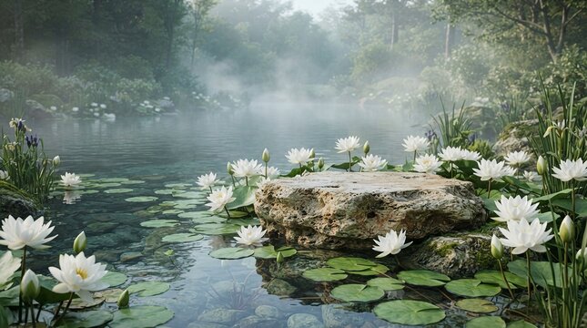 Natural stone pedestal on a serene misty lake surrounded by blooming white lotus flowers at dawn