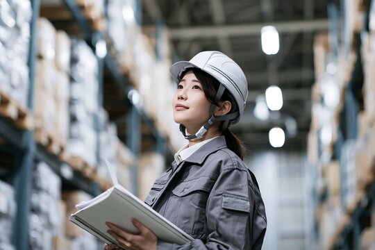 工場物流センターで働く日本人女性作業員が書類を見て確認