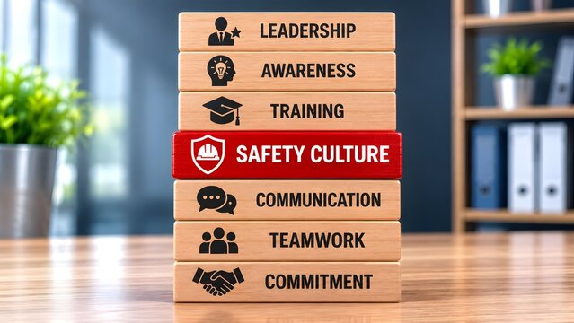 Stacked wooden blocks displaying safety culture core values including leadership training and teamwork for occupational health and workplace compliance.