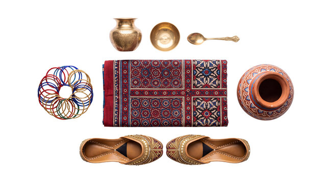 Traditional Sindhi Ajrak fabric with cultural accessories, ethnic brass utensils and clay pot, handcrafted leather mojari shoes and bangles isolated PNG with Transparent Background