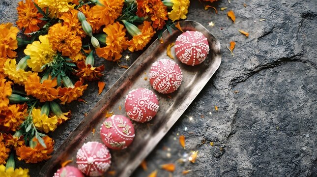 Celebrating the festival of lights a diwali scene with sweets and vibrant marigold flowers