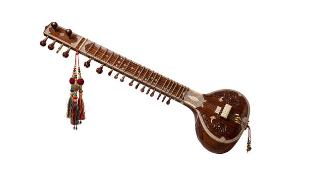 Traditional Indian sitar with intricate wood carvings, classical string instrument for ethnic music, handcrafted wooden sitar with tassels isolated PNG with Transparent Background