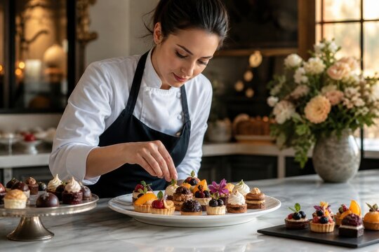 Pastry chef arranging elegant bite-sized desserts in a kitchen