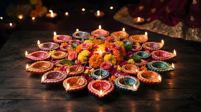 A vibrant and colorful display of traditional diyas illuminating the joyous festival of diwali