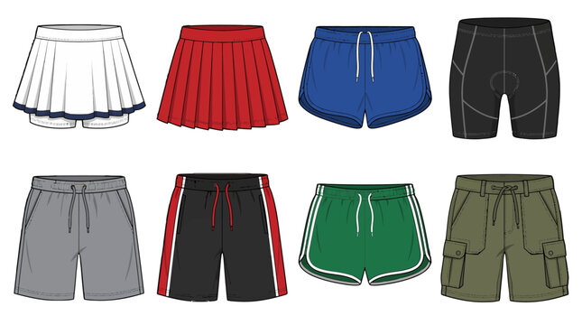Vector fashion garments grid featuring a diverse collection of athletic and casual bottoms including tennis skirts, running shorts, cycling shorts, and cargo shorts. isolated on white background