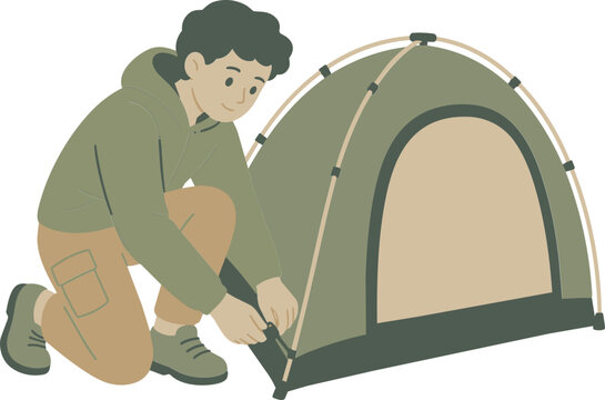 Camper fastening a compact tent icon for outdoor recreation and weekend leisure design