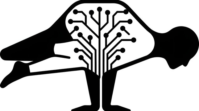 Human silhouette merging with digital circuit tree in bold black graphic