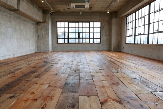 広々とした空間のリノベーション部屋木材フローリングとコンクリート壁