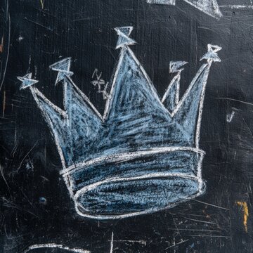Chalk drawing of a large crown with five points and stars on a dark textured background, showcasing artistic expression and creativity in urban art