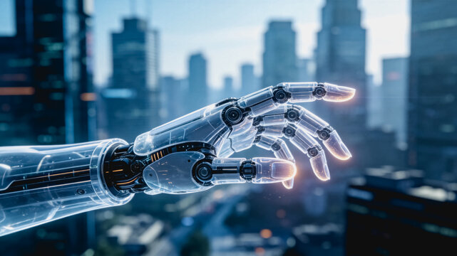 A sleek transparent robotic hand extends against a blurred modern cityscape, showcasing advanced futuristic mechanical technology.