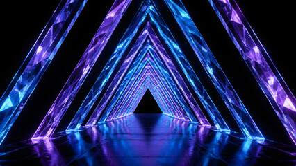 Naklejka premium A shimmering triangular tunnel glows with vibrant blue and purple neon lights in a futuristic 3d style.