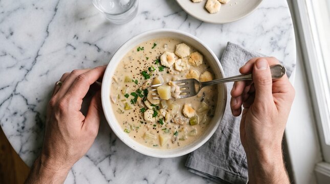 Person eating creamy clam chowder with oyster crackers from a bowl on marble table