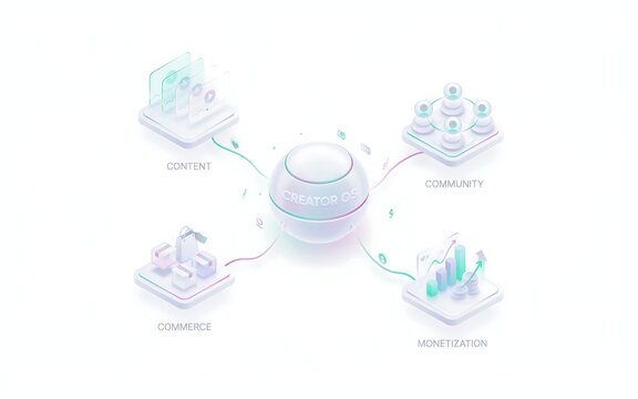 Isometric 3d infographic showing creator economy ecosystem with central sphere, community, commerce, and monetization nodes on white