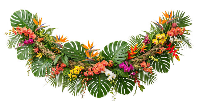 Tropical floral garland with monstera leaves and bird of paradise flowers, exotic jungle foliage arch, vibrant island botanical border