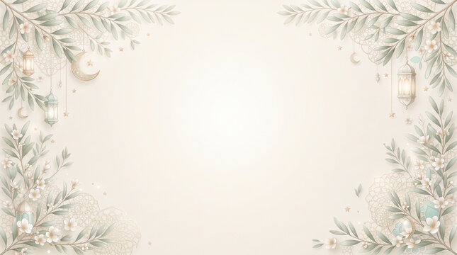 Pastel Ramadan Eid background with floral border and lanterns