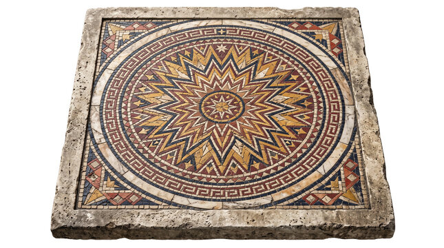 Ancient Roman mosaic tile with geometric sunburst pattern. Antique stone floor medallion. Vintage marble tesserae artwork on white background.
