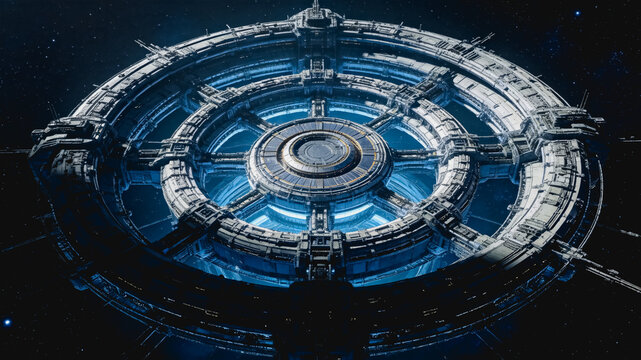 A massive futuristic ring-shaped orbital space station floating in the dark vacuum of deep space. It features a central hub, connecting radial structures, and glowing blue elements.
