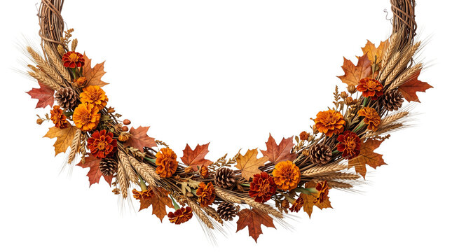 Autumn floral wreath border, rustic fall harvest garland with orange maple leaves and pinecones, seasonal botanical frame