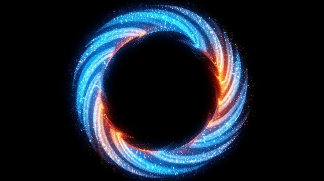 Glowing blue and orange energy vortex ring with particles on black background
