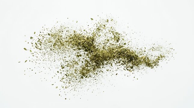 High Speed Motion of Dried Green Herbs and Spices Exploding on White Background, Culinary Seasoning and Condiments.
