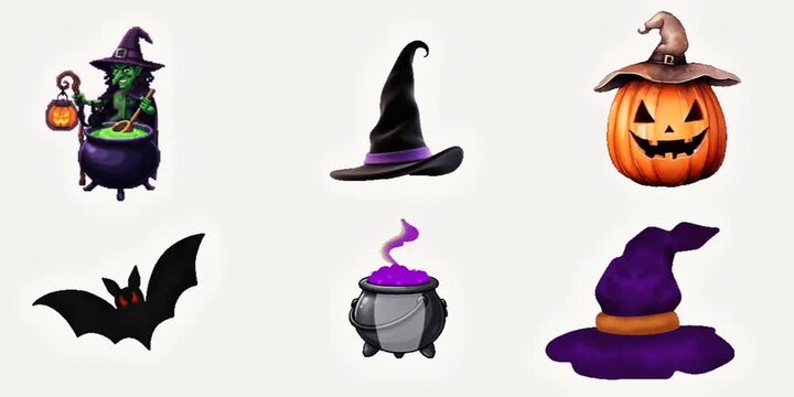 Set of halloween illustrations featuring a witch cauldron bat witch hats a carved pumpkin witch hat spooky jack olantern magic potion