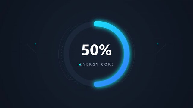 A sleek futuristic interface display featuring a circular blue neon energy level indicator showing exactly fifty percent completion status