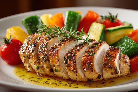 Grilled chicken breast slices garnished with herbs served alongside colorful mixed vegetables on a white plate, showcasing a vibrant and appetizing meal presentation