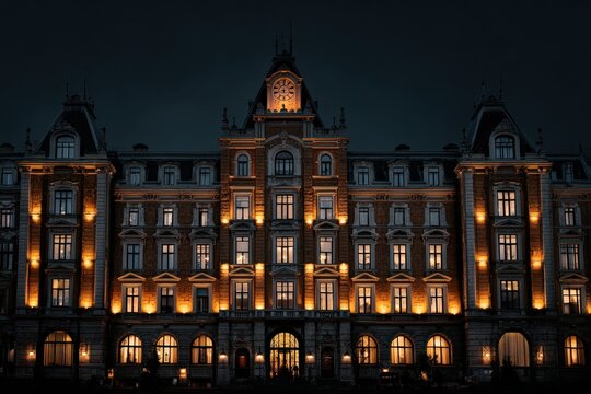 Historic European building illuminated at night with ornate architecture, featuring multiple windows and a clock tower, set against a dark sky
