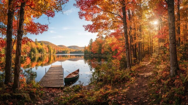 Scenic fall lake with wooden dock and canoe in autumn forest