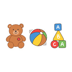 Naklejka premium Set of cute children toys including a brown teddy bear, a colorful beach ball, and ABC alphabet blocks isolated on a white background. Hand drawn vector illustration.