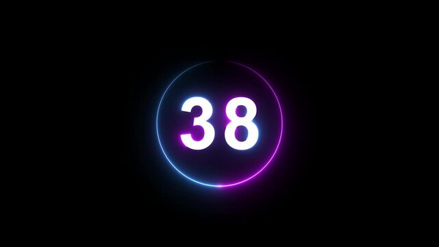 A dynamic circular animation, and glowing count neon number 38 animation . on a black background. and creating a stunning 4k video.