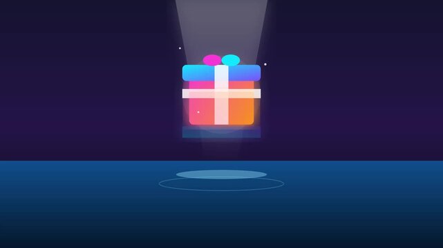 Colorful glowing gift box animation floating in dark digital video footage