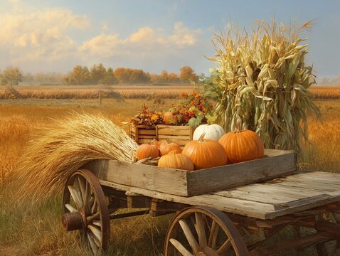Wooden Farm Wagon with Pumpkins, Corn Stalks and Wheat in an Autumn Field