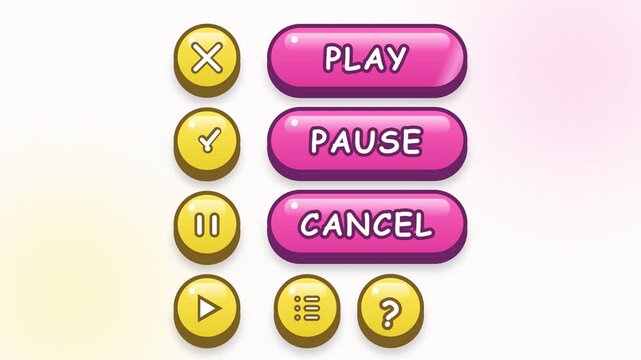 Interactive Interface Control Buttons Collection Featuring Glossy Pink Rectangles and Yellow Circular Markers Designed for Mobile Applications