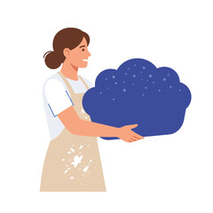 Fototapeta premium Woman Baker Holding a Blueberry Muffin Vector Illustration