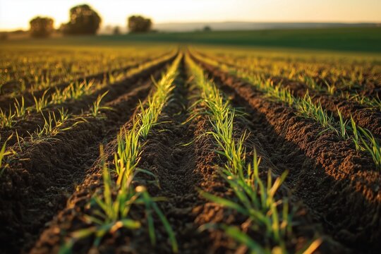 Young green crops growing in parallel field furrows in warm sunlight