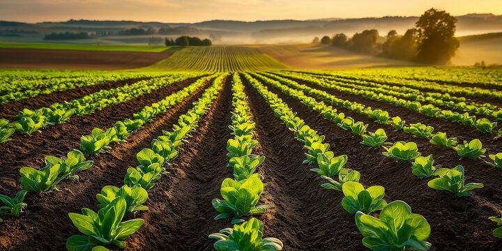Rows of leafy green vegetables in a farm field under golden morning light