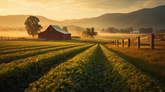 Golden Light Over Crop Rows and Red Barn in a Rural Mountain Valley