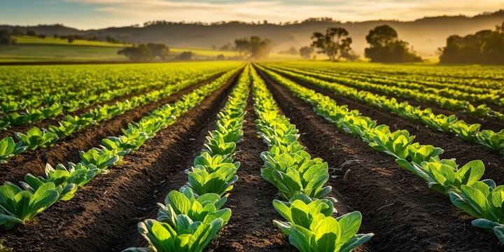 Sunlit Rows of Leafy Green Vegetables in a Cultivated Farm Field