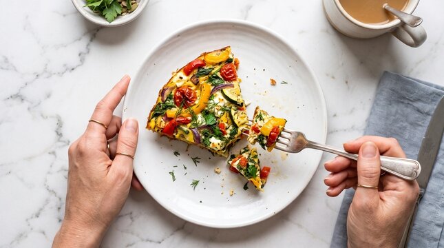 Hands eating a slice of vegetable frittata on a white plate for a healthy breakfast meal.