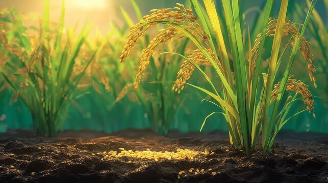 Ripened rice plants and fallen grains in warm sunlight over dark soil