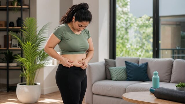 Woman pinching belly fat in a living room. Female checking stomach skin and body composition during weight loss