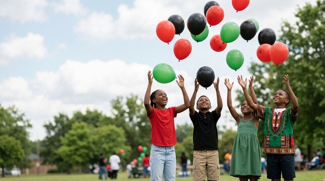 Black children releasing red, black, and green balloons in a park. Kids reaching up during a Juneteenth outdoor celebration. African American cultural heritage and freedom concept