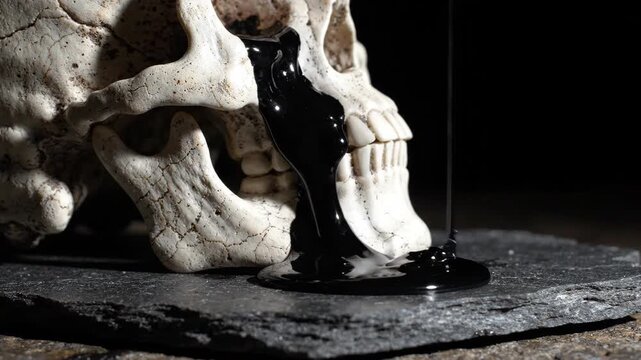 Skull with black liquid leaking on stone surface.