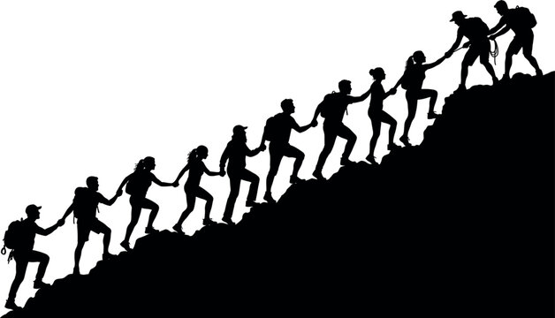 Silhouette hikers climbing mountain together teamwork support leadership and outdoor adventure success vector illustration